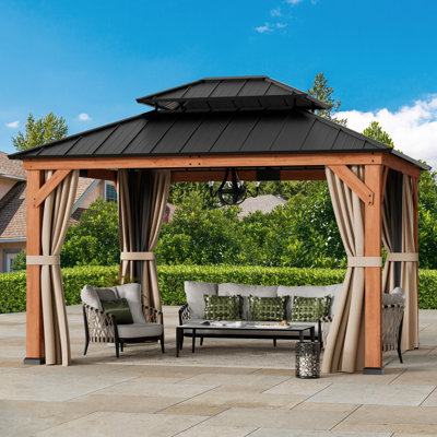 Rosewood 11' X 13' Outdoor Patio Premium Cedar Wood Frame Gazebo With Mosquito Netting And Curtains, Galvanized Steel Hardtop Double Roof Pavilion, 2-Tier