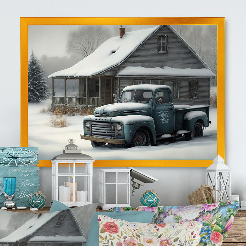 «Old Truck at the Barn in Winter IV», peinture sur toile, H 16 po x l 32 po x P 1 po, Impression dorée sur toile encadrée