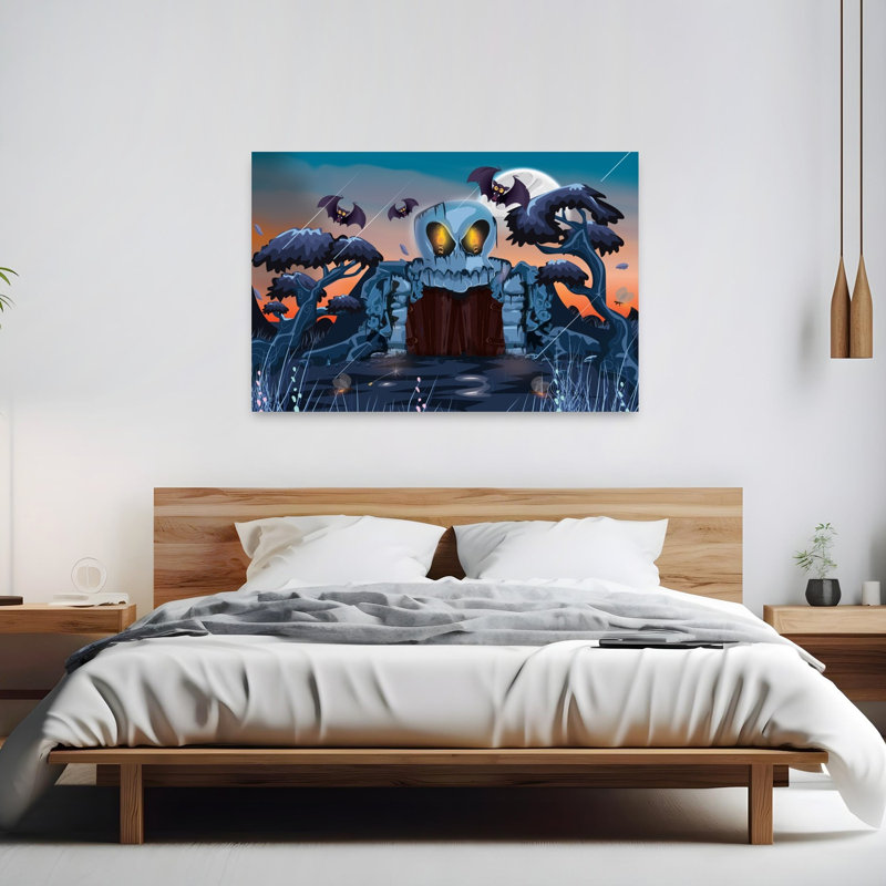 Affiche murale abstraite contemporaine représentant une porte de crâne au clair de lune, un paysage de chauves-souris et une nature.