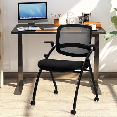 Chaise de conférence CLATINA empilable et pliable avec roulettes, dossier en filet ergonomique, capacité de 300 lb, siège rembourré respirant, accoudoirs réglables, chaise de bureau pour la réception, formation, maison, noir, 1PK
