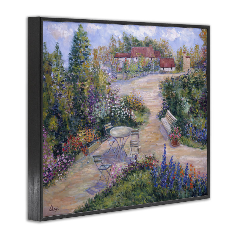 «Spring Garden Benches», art de la giclée encadrée par Alexi Fine, H 16 po x l 20 po, Giclée encadrée noir minuit