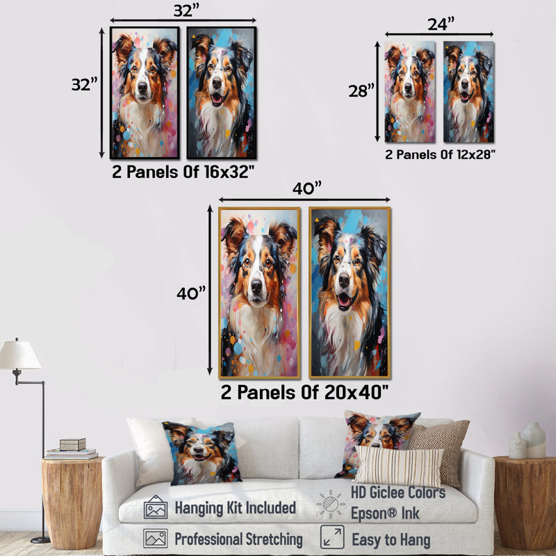 Playful Collie Portrait - Ensemble de salon mural pour chien, H 32 po x l 33 po, Encadrement doré