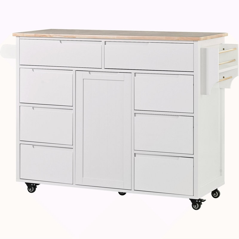 Store Kitchen Cart With Rubber Wood Countertop , Kitchen Island Has 8 Handle-Free Drawers Including A Flatware Organizer And 5 Wheels For Kitchen Dinning Room
