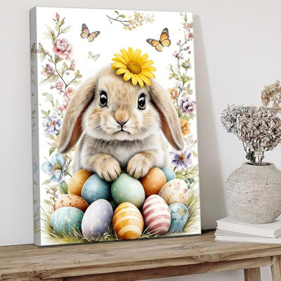 Lapin de Pâques, reproduction d'art sur toile, lapin mignon et œufs de Pâques, reproduction d'art de campagne rétro au printemps, décoration murale de Pâques encadrée moderne pour chambre à coucher, salon, salle de bain, bureau 12 po x 16 po