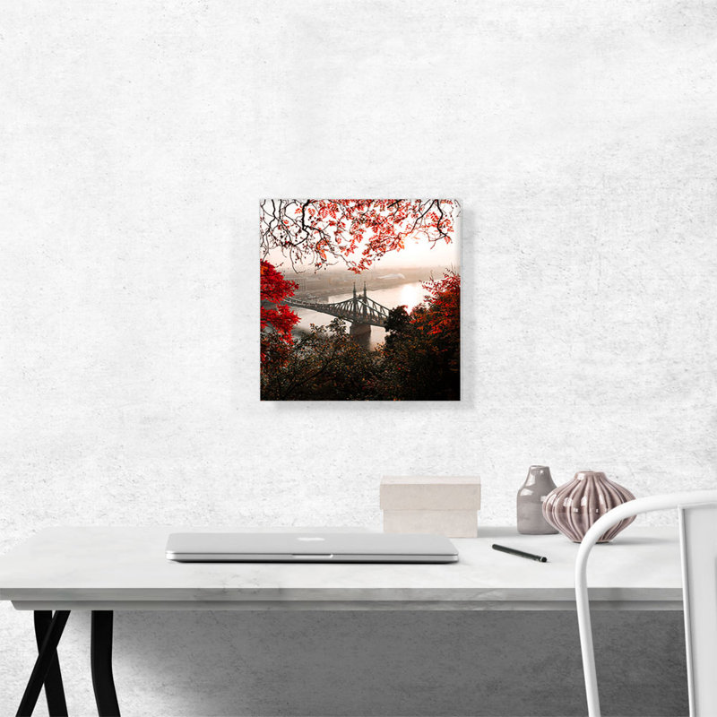 " Liberty Bridge Through Red Autumn Leaves Budapest Hungary Square ", 12" H x 12" W x 0.75" D