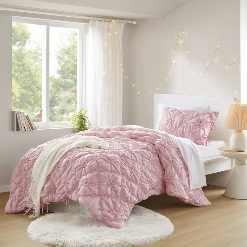 3PCS Comforter Set, Pink, Twin Comforter + 1 Standard Sham