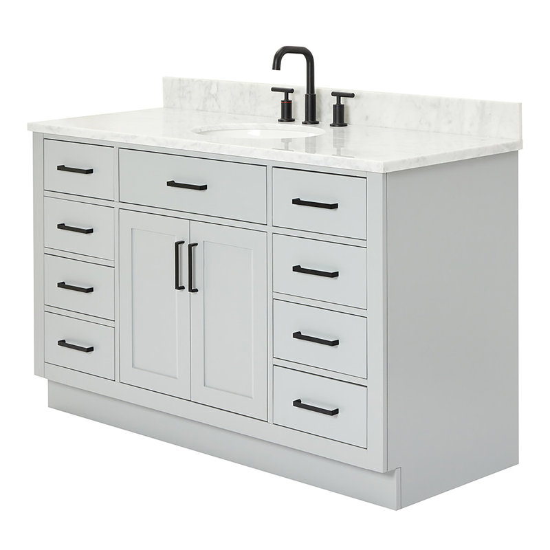 Jameal 54'' Solid Wood Single Bathroom Vanity with 0.75'' Carrara Marble Top Sink, Oval, Gray