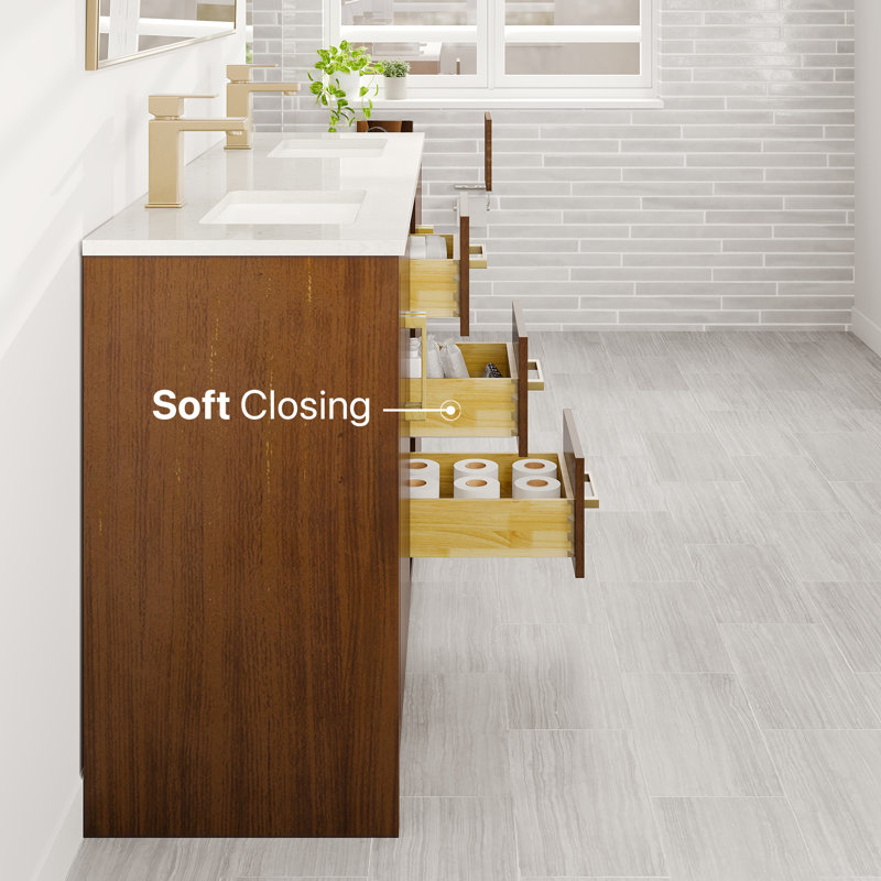 Ilsa 60"W X 18"D Double Sink Bathroom Vanity With White Carrara Quartz Countertop And Undermount Porcelain Sinks, Walnut