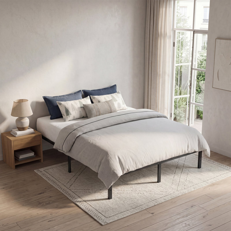 Base de lit plateforme en métal robuste de 14 po, capacité de 1 100 lb, sans sommier, rangement sous le lit, Très grand lit