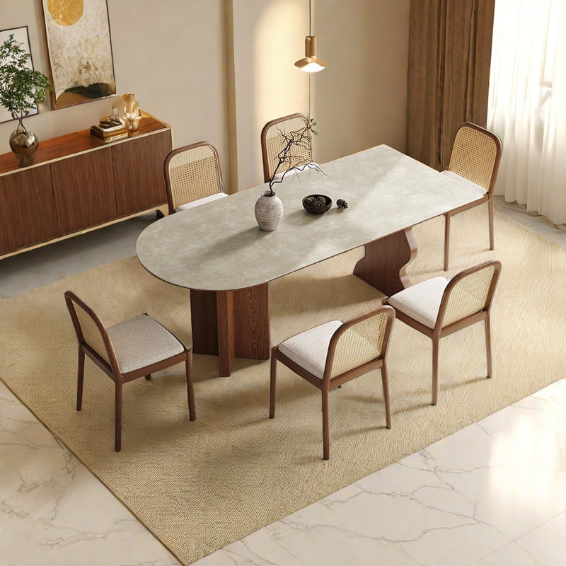 Matte rock plate semi-oval dining table set, 31.49"H x 62.99"L x 62.99"W