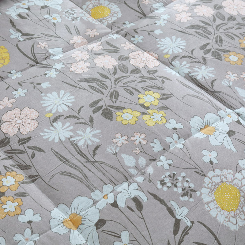 Shubozeman Cotton Blend Floral Comforter, King Comforter + 2 King Shams, Pink/Yellow/Gray