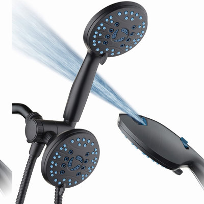 HydroLux 48-Setting High Pressure Rain Shower Combo with Anti-Clog Nozzles and Extra Long Stainless Steel Hose - Matte Black Finish