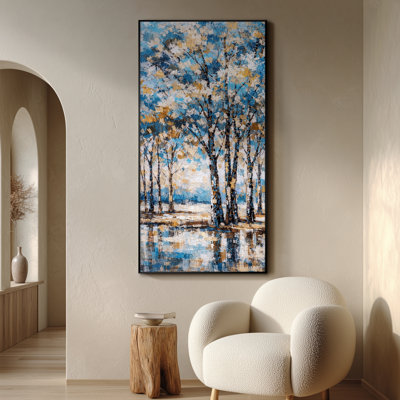 Très grand art mural imprimé sur bois - Forêt d'automne bleue et dorée avec empâtement et eau réfléchissante décor de paysage pour le salon ou la chambre à coucher - «Assemblage requis du cadre (cadre non fini)»