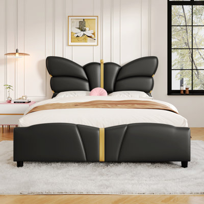 Upholstered Bed Frame With Butterfly Shaped Headboard And Footboard, Platform Bed Frame With Metal Decorations