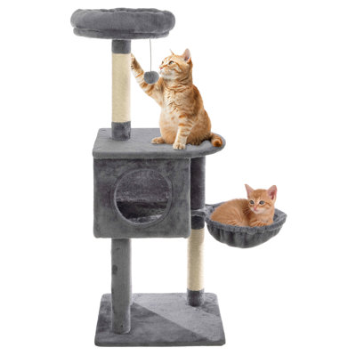 Tour pour arbre à chat de 47 po de hauteur - Tour pour chat avec hamac, perchoirs pour la sieste, maisonnette pour chaton, 2 poteaux à griffes et jouet suspendu - Arbre à chaton à plusieurs niveaux et mobilier d'escalade par PETMAker (gris)