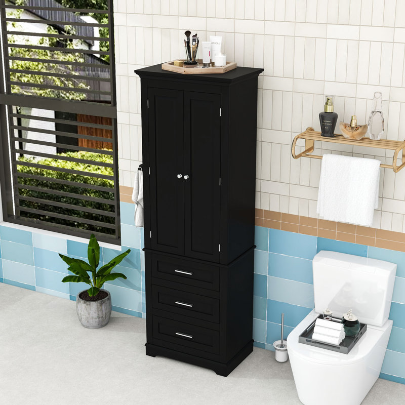 Tall Storage Cabinet with 3 Drawers and Adjustable Shelves for Bathroom or Kitchen, Black