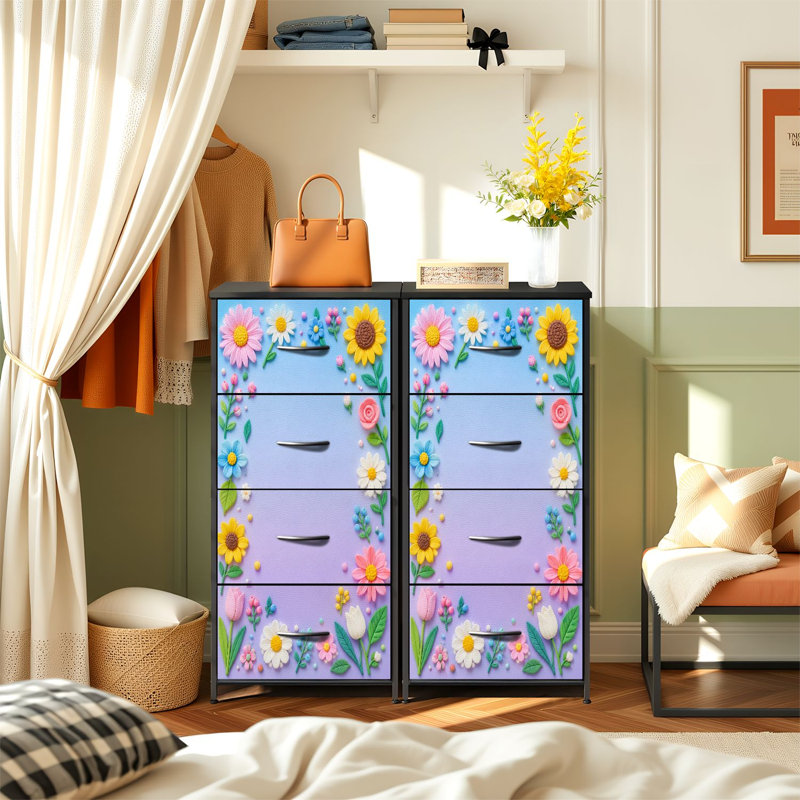 Commode de rangement verticale 4 tiroirs avec bordure florale et fleurs en argile colorées