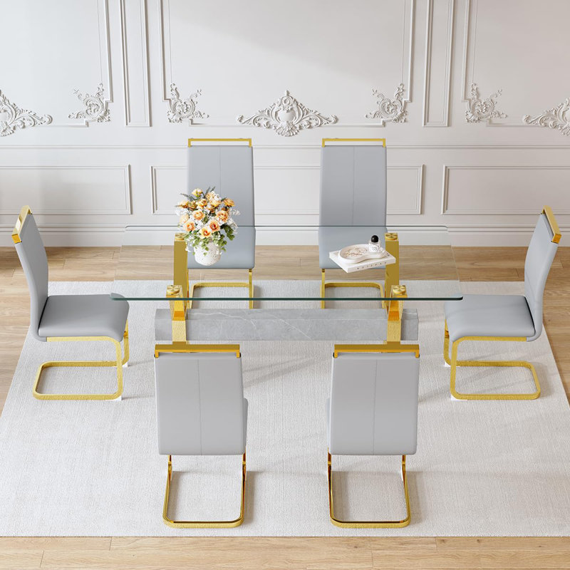 Table de salle à manger 71 "en verre pour 6 personnes, table de salle à manger moderne pour 6 personnes avec chaises en similicuir