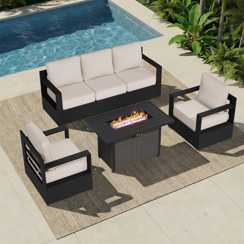 Ensemble de conversation d'extérieur 5 pièces en aluminium et fer avec coussins moelleux et table de foyer convertible, Beige