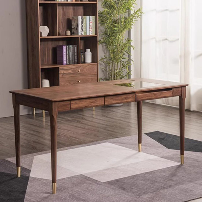 Bureau d'écriture rectangulaire en bois massif avec tiroirs Nut-brown