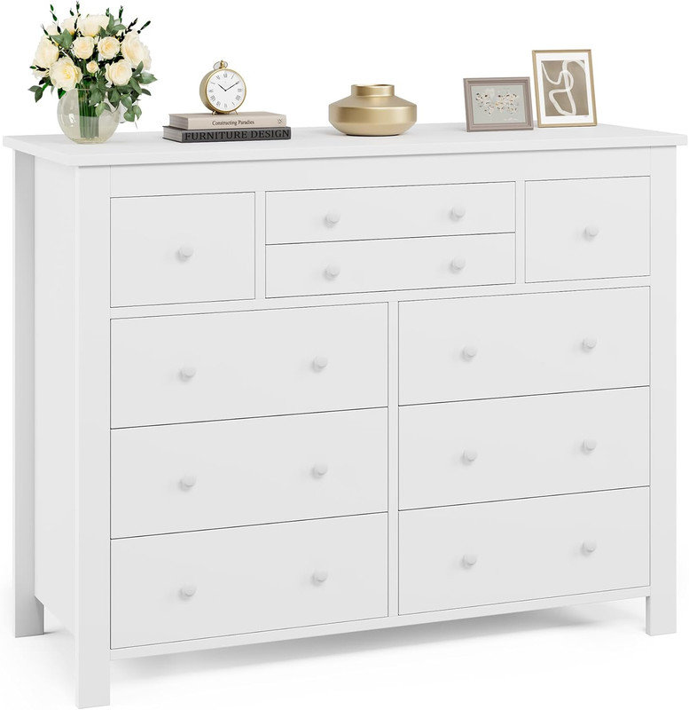 Commode 10 tiroirs, commode en bois moderne avec texture naturelle pour la chambre à coucher et le salon, Blanc