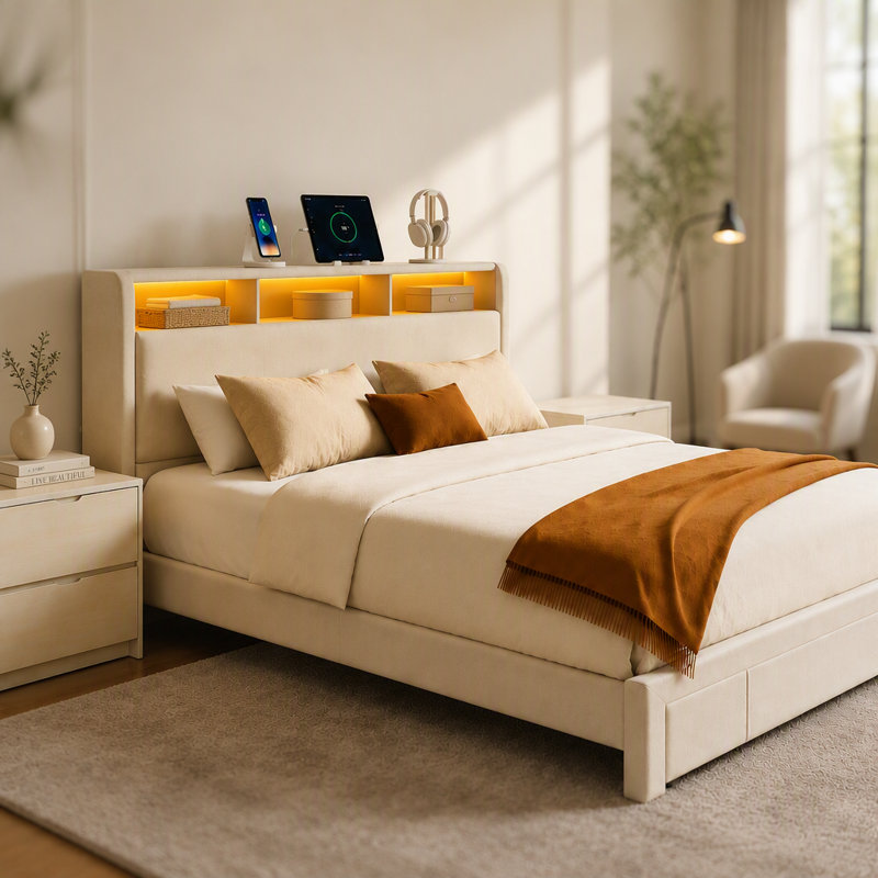 Lit rembourré avec tiroirs, tête de lit avec station de charge et lumières DEL, Grand lit, Beige