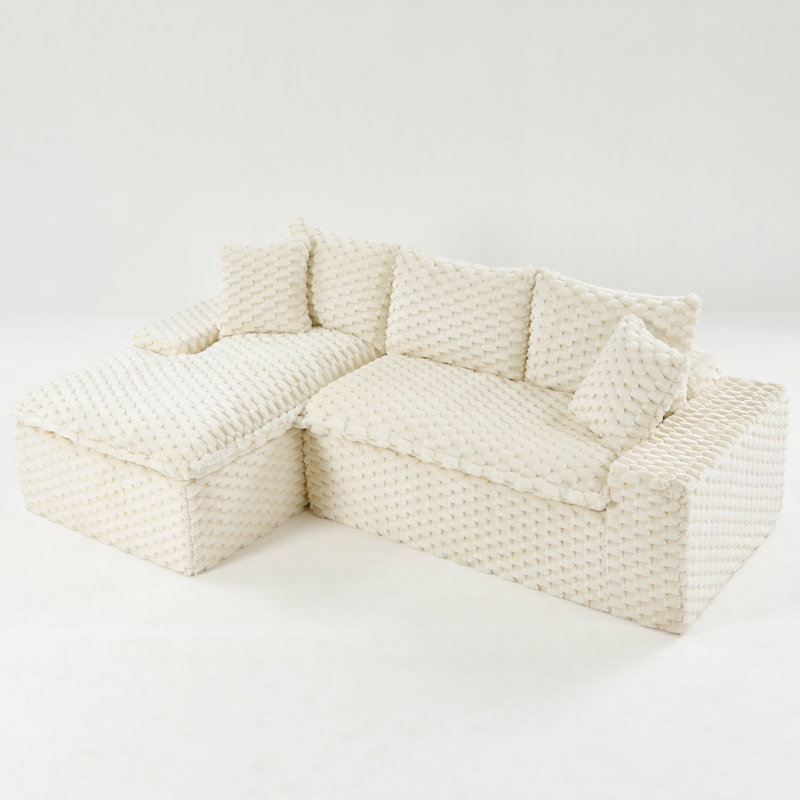 White Turtle-patterned Velvet Fully Upholstered Sofa, Left-facing L-shape, White Polyurethane, Left Hand Facing