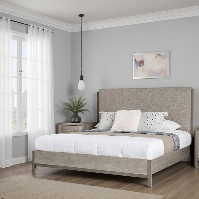 Rizvi Queen Size Bed, Upholstered Headboard, Grey Fabric, Solid Wood, Queen