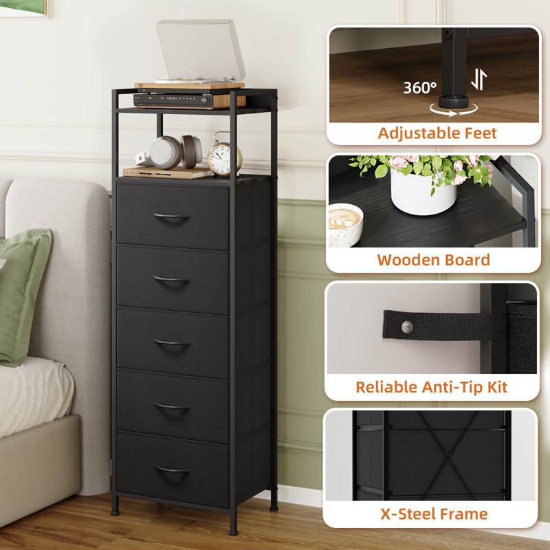  Table de chevet haute noire, 5 tiroirs verticaux en tissu pour chambre à coucher, salon, couloir, Noir