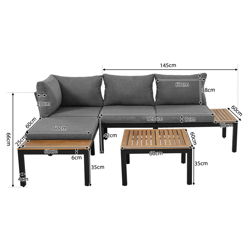 Outdoor Edgecomb Powder Coated Steel 4 - Person Seating Group with Cushions, Black/Brown, Grey