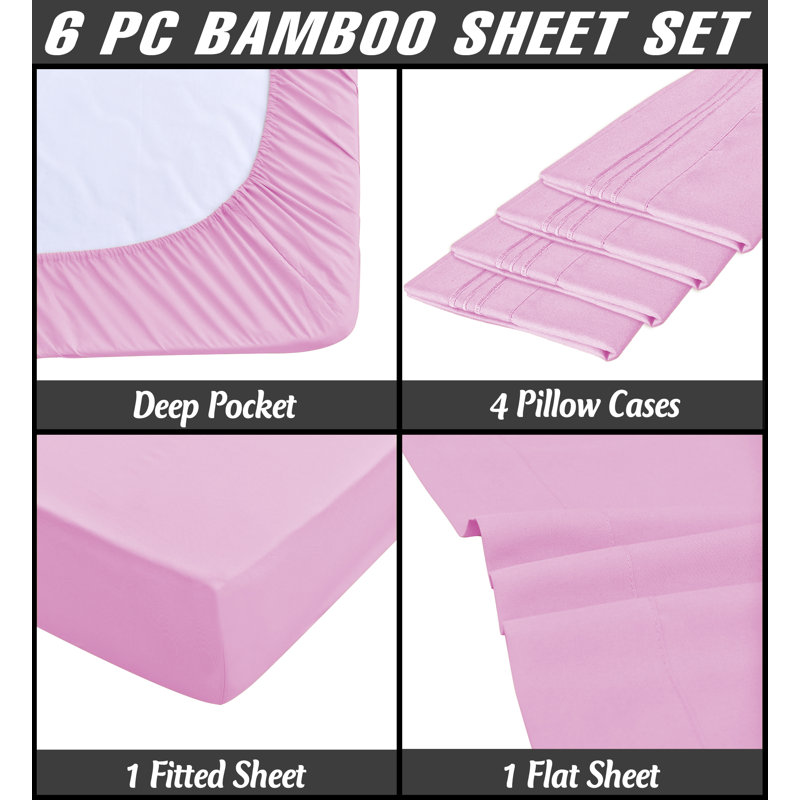 Premium Rayon From Bamboo 6 Pc Sheet Set With Deep Pockets, Cooling, Pink, Full/Double Sheet Set