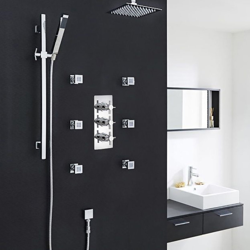 Système de douche thermostatique en acier inoxydable avec pomme de douche, jets de corps et douchette