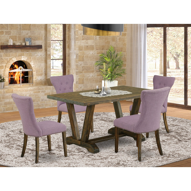 Ensemble de table de salle à manger 5 pièces comprenant 4 chaises de cuisine Dahlia, un siège rembourré et un dossier capitonné à boutons hauts et une table de salle à manger Jacobean