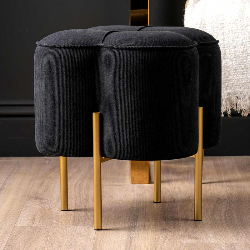 Aajaylah Velvet Ottoman Dressing Stool for Bedroom Furniture, Modern Accent Stool with Iron Metal Legs, Black