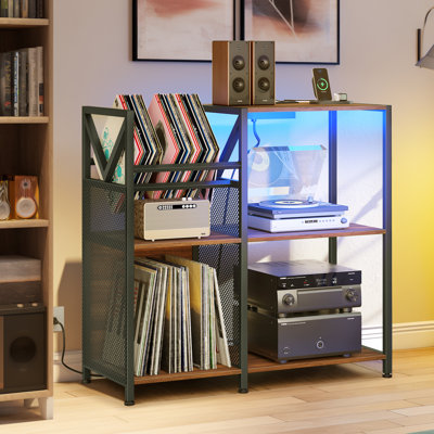 Miele Record Player Storage Cabinet Table Stand with Power Outlets & LED Light Turntable Stand by Trent Austin Design