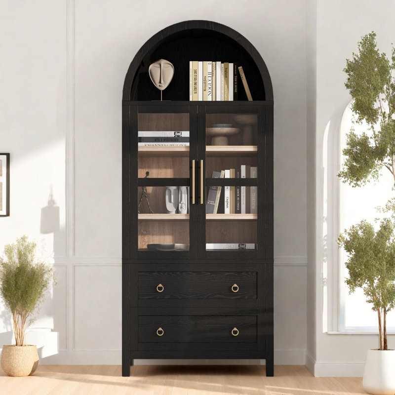 Garde-manger arqué de 71,2 po de hauteur avec portes en verre, tablettes réglables et 2 tiroirs, Noir