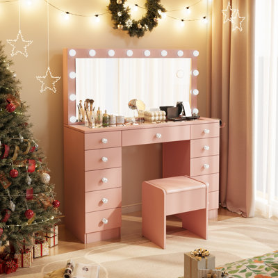 Greyden Modern Makeup Vanity Set with Glass Top | 11 Drawers & Built-in Outlets | Drawers with LED Light Strips | 10X Magnifying Mirror | Spacious Storage, Luxury Design for Beauty Routine
