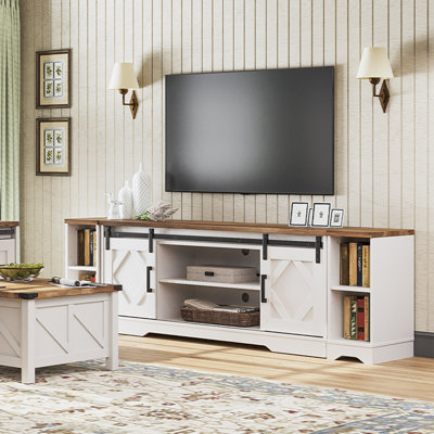 Laziza 78.7" W Wood TV Stand with Open Storage and Barn Doors