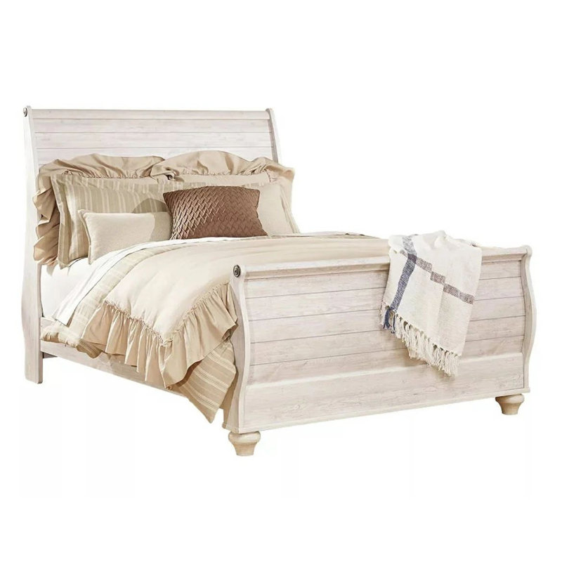 Grand lit-bateau Isla, fausses planches, décor en métal sculpté, bois blanchi, Grand