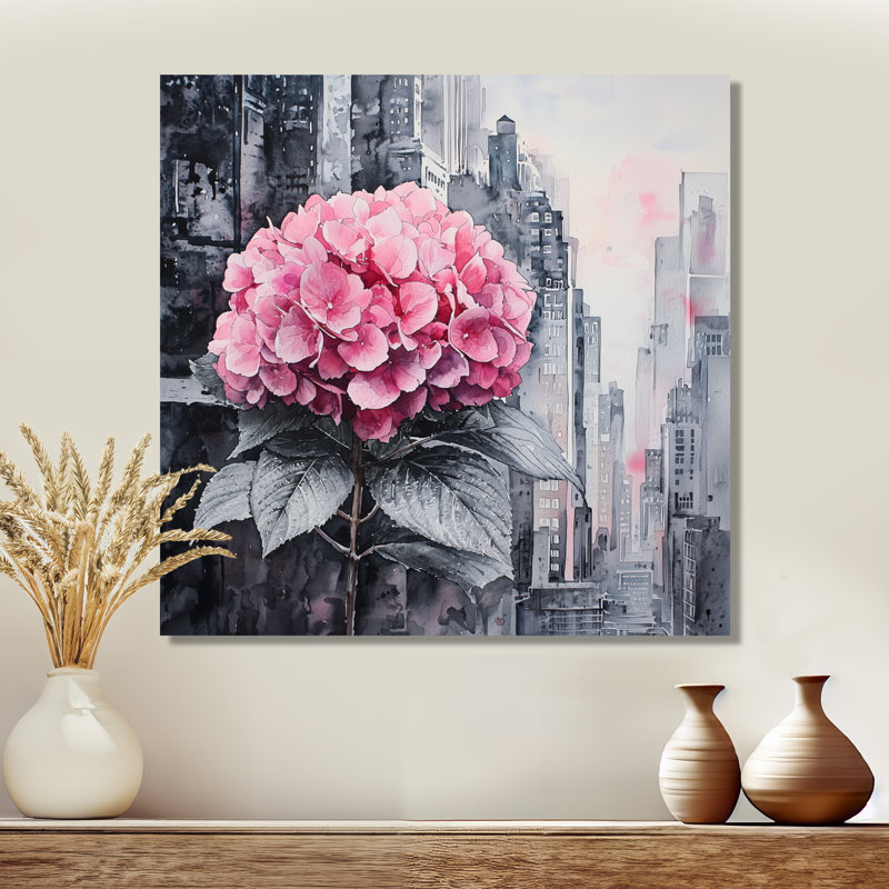 «Hortensias monochromes dans la ville», art mural hortensias, Toile tendue, Ne s’applique pas, H 16 po x l 16 po
