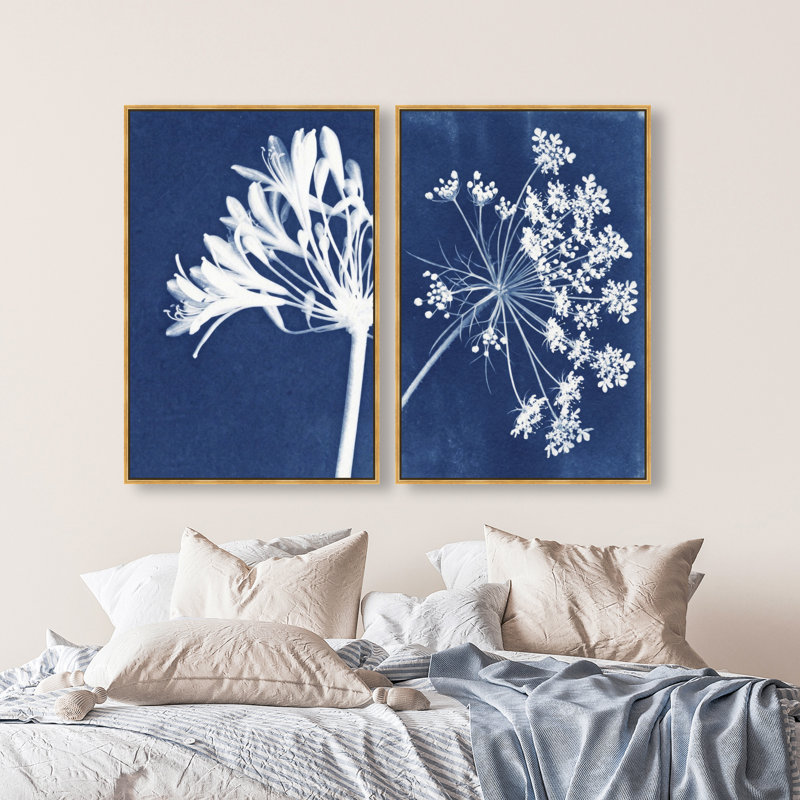 Cyan Flowers Set Set by Oliver Gal, 31"H x 46"W, Gold Floater Frame