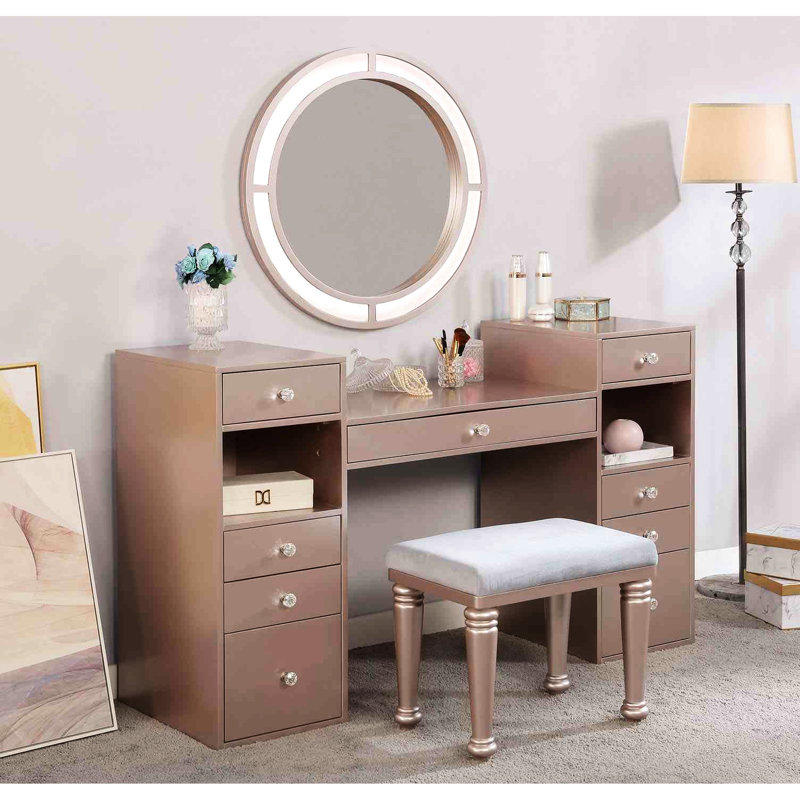 Meuble-lavabo 1 pièce Blush avec tabouret rembourré, miroir de 3 m, DEL, bois massif, tiroirs de rangement