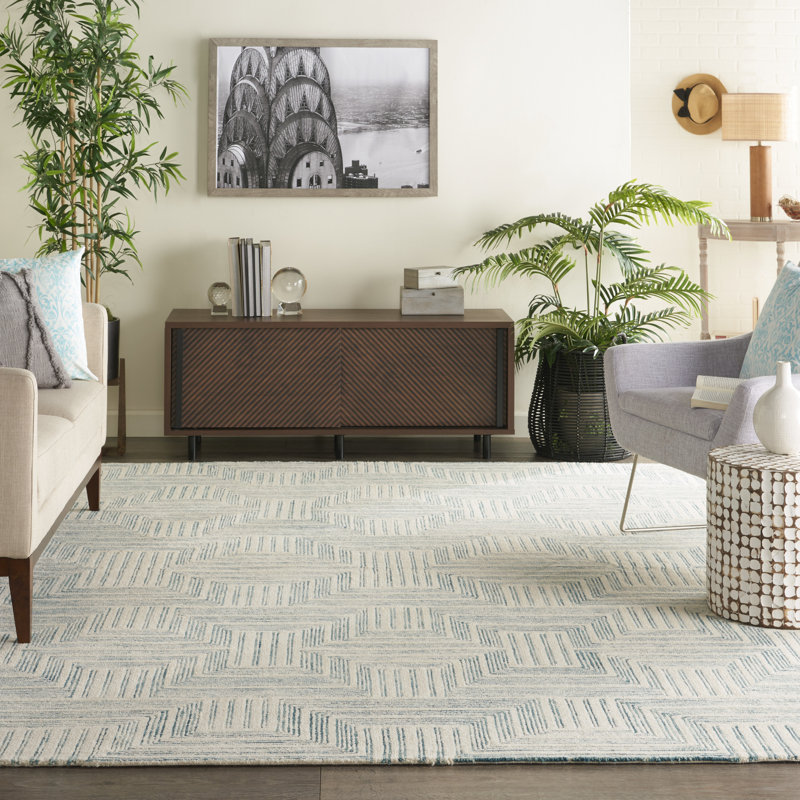 Farhaad 8' x 10'6" Ivory/Turquoise Modern Indoor Rug, Rectangle 8' x 10'6"