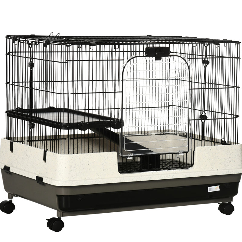 26" Portable Small Animal Enclosure With Efficient Transport Rolling Wheel - 2-Level Shelter. For Ferrets, Chinchillas, Rabbits. Removable Tray, Platform, Ramp. , Ventilated Cage Wheels Chinchilla
