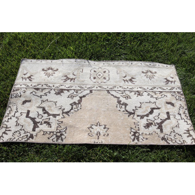 Handwoven Beige Turkish Oushak Rug with Modern Minimalist Design Ideal for Entry Spaces