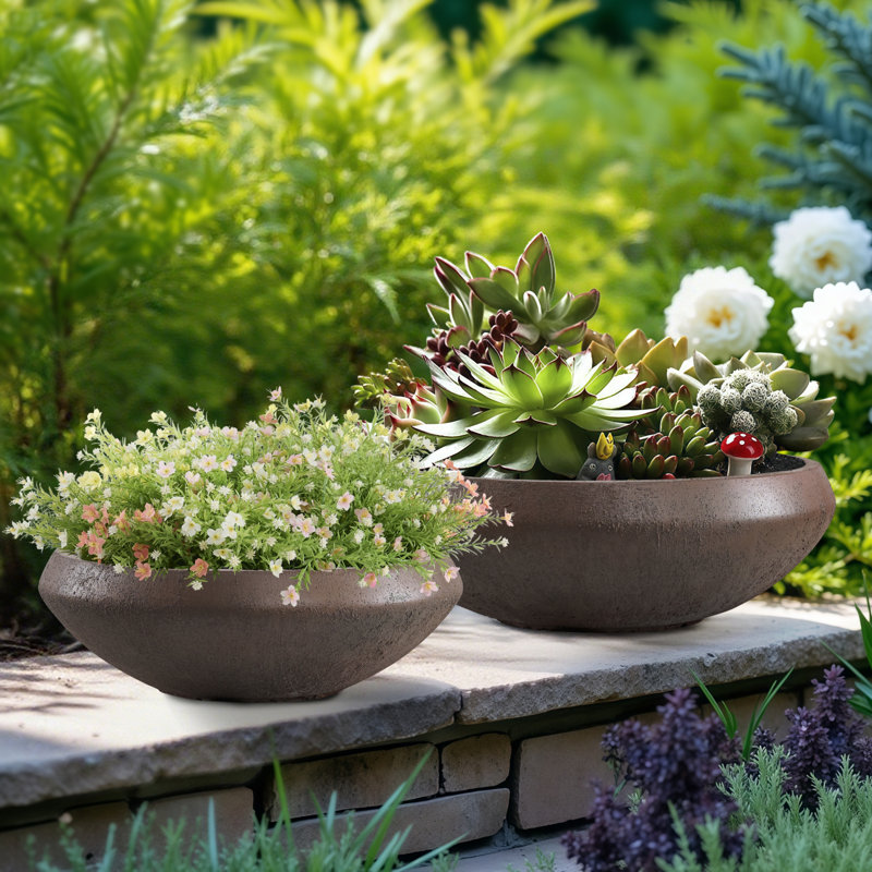 Concrete Bowl Planter, 23.3 Inch Dia x 8 Inch Height, Extra Large Succulent Pot with Drain Hole, 21-inch Opening Flowerpot for Herbs, Bonsai, and Shallow-root Plants, Concrete Planters for Indoor Outdoor Garden, Patio Decor, Large-Rust