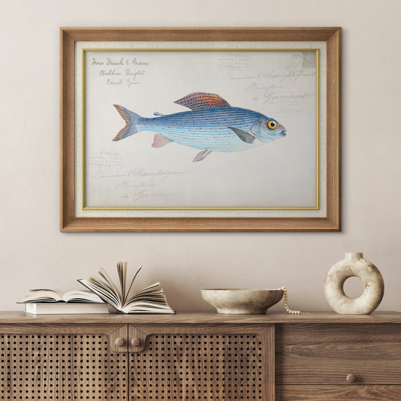 Poissons bleus rétro avec écriture française, images de salle de bain, impression sur toile encadrée sur toile.