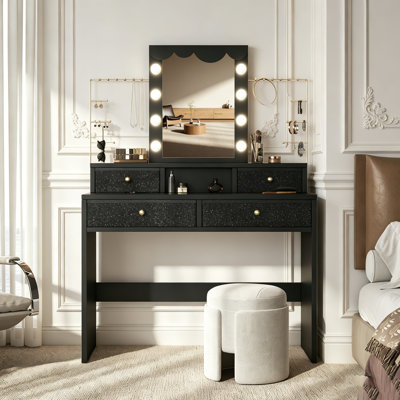 Dressing Table With Mirror, 4 Drawers Makeup Vanity With 3 Colors LED Light & Jewelry Storage Shelves