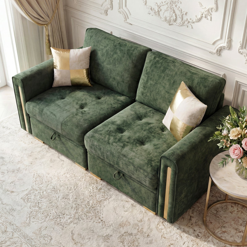 Canapé-lit modulaire 2 pièces avec siège de rangement, canapé modulaire en chenille de luxe avec pieds dorés et détails, Vert