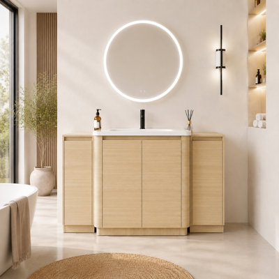 Meuble-lavabo autoportant de 60 po avec lavabo en céramique blanche, 2 petites armoires de rangement, porte à fermeture douce, chêne blanc américain, contreplaqué (emballage KD)